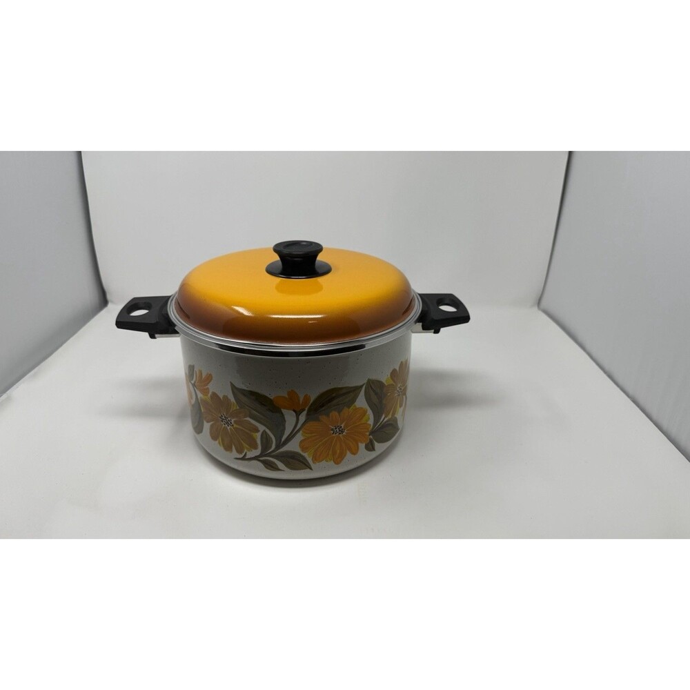 JMP Capri Enamelware Double Handle Pot with Lid Retro Floral Vtg 6 Quart
